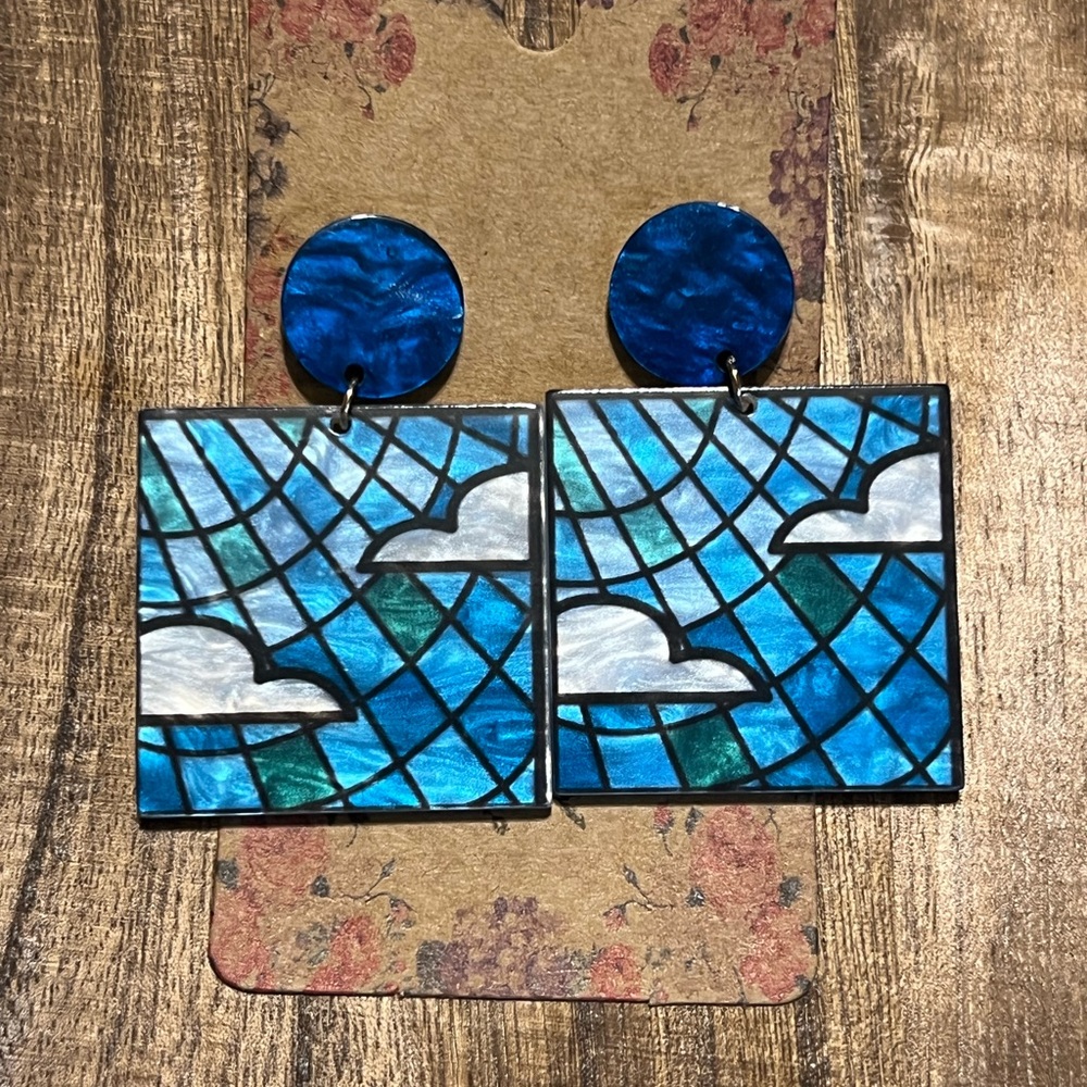 Blue and White Stained Glass Look Resin /Acrylic Earrings